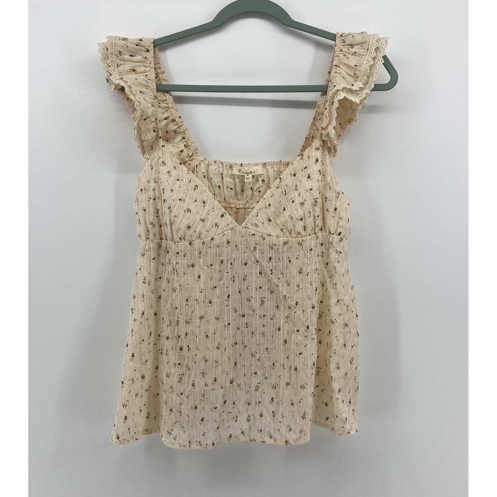 Kanji Women Cream Floral Ruffle Lace Trim Babydoll Blouse Top KT51010-1P M